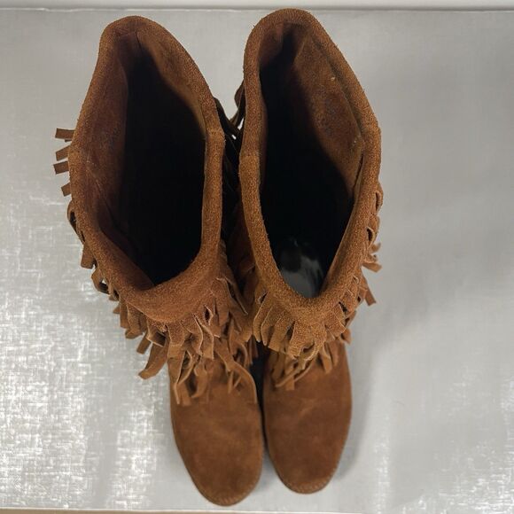 Minnetonka 3-Layer Fringe Suede Leather Moccasin Boots Size 8 Brown Boho Comfy - Picture 5 of 12